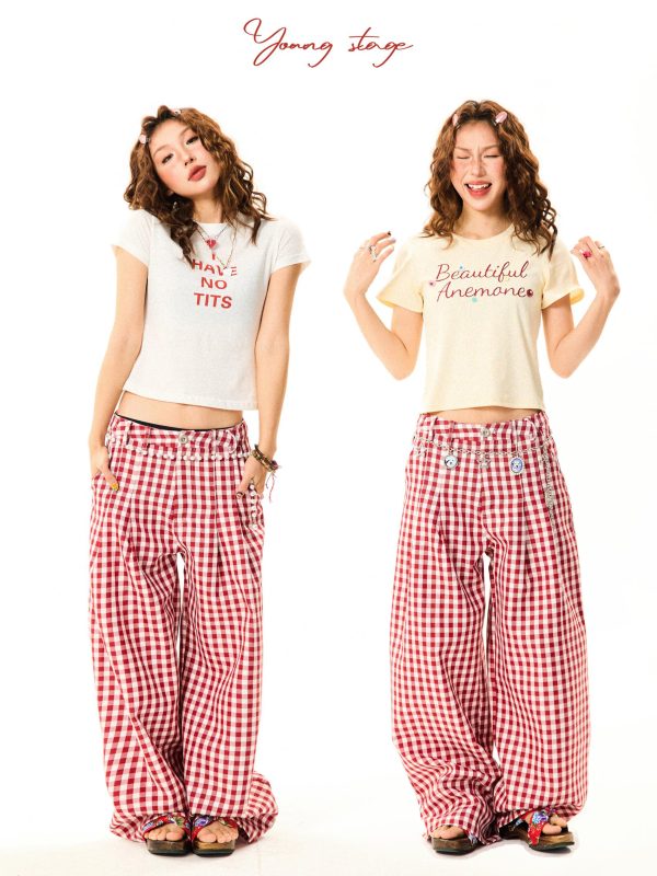 American Sweetheart Red Plaid Wide-Leg Casual Pants for Women - Relaxed Loose Versatile Trousers, Perfect for Y2K and Everyday Style