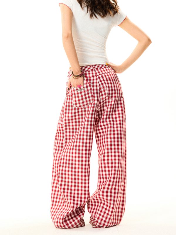 American Sweetheart Red Plaid Wide-Leg Casual Pants for Women - Relaxed Loose Versatile Trousers, Perfect for Y2K and Everyday Style