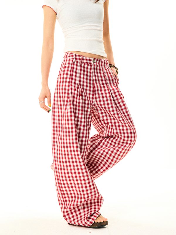 American Sweetheart Red Plaid Wide-Leg Casual Pants for Women - Relaxed Loose Versatile Trousers, Perfect for Y2K and Everyday Style