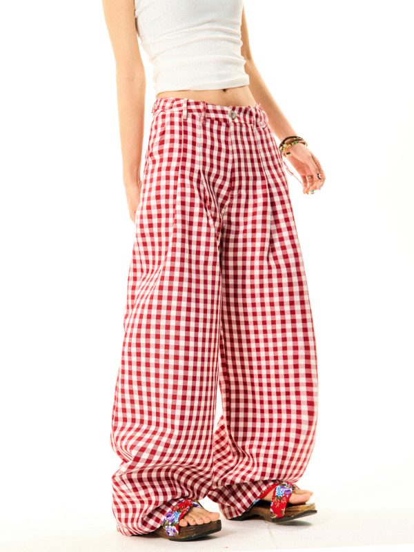 American Sweetheart Red Plaid Wide-Leg Casual Pants for Women - Relaxed Loose Versatile Trousers, Perfect for Y2K and Everyday Style