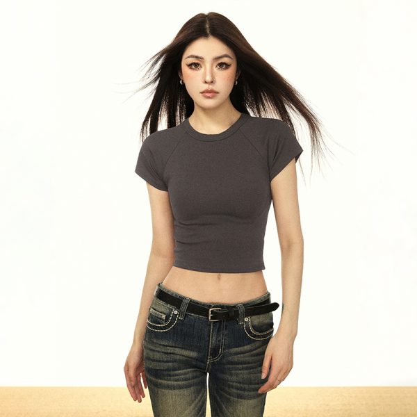 American Vintage Black Cotton Short Sleeve T-Shirt for Women - Slim Fit, Regular Shoulder, Summer 2025 Fashion Essential