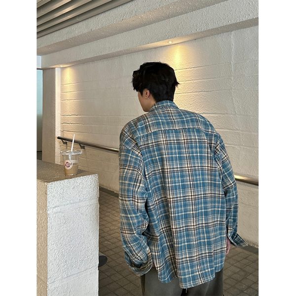 American Vintage Brushed Plaid Long Sleeve Shirt for Men & Women - Casual Loose Fit Unisex Jacket for Spring & Autumn Trends