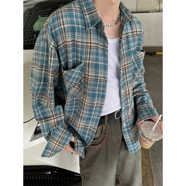 American Vintage Brushed Plaid Long Sleeve Shirt for Men & Women - Casual Loose Fit Unisex Jacket for Spring & Autumn Trends