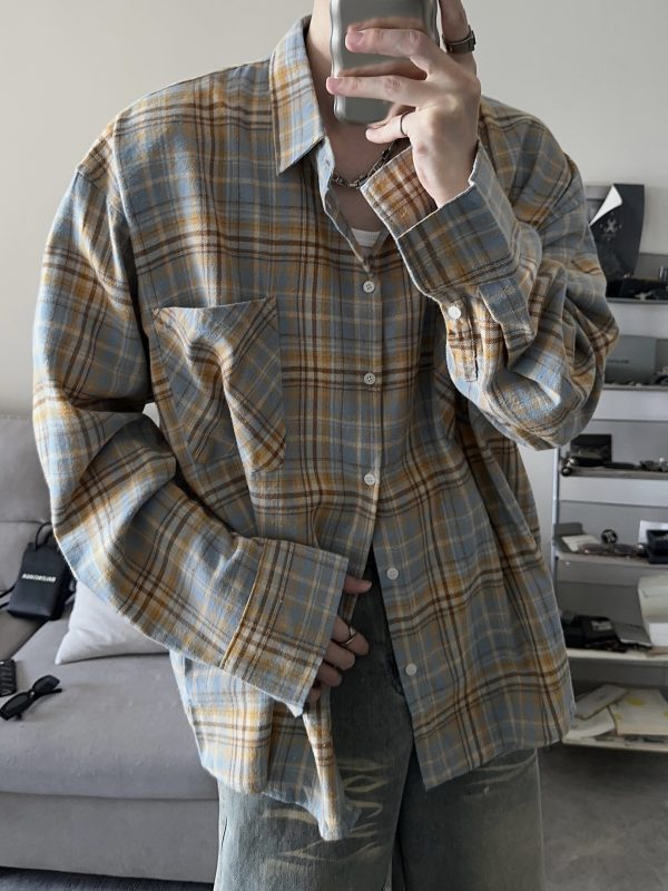 American Vintage Brushed Plaid Long Sleeve Shirt for Men & Women - Casual Loose Fit Unisex Jacket for Spring & Autumn Trends