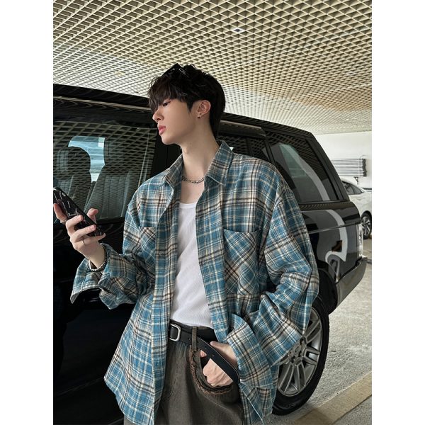 American Vintage Brushed Plaid Long Sleeve Shirt for Men & Women - Casual Loose Fit Unisex Jacket for Spring & Autumn Trends