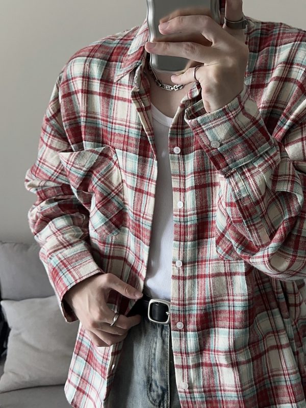 American Vintage Brushed Plaid Long Sleeve Shirt for Men & Women - Casual Loose Fit Unisex Jacket for Spring & Autumn Trends