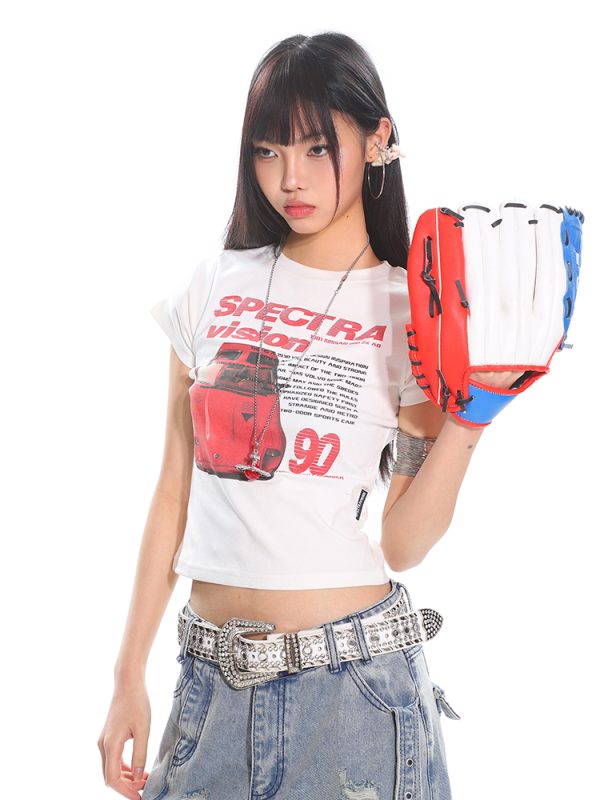 American Vintage Car Print Women's Summer Slim Fit Short Sleeve T-Shirt - High Elastic, Comfortable, Retro Style