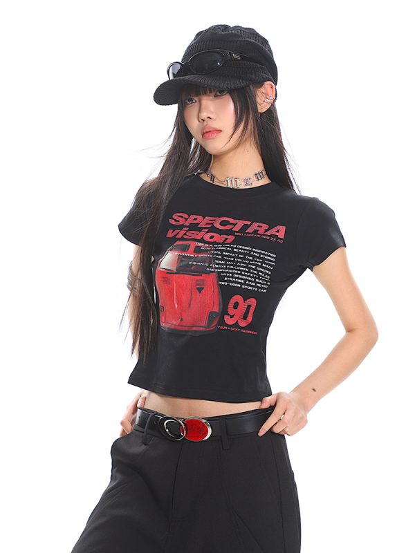 American Vintage Car Print Women's Summer Slim Fit Short Sleeve T-Shirt - High Elastic, Comfortable, Retro Style