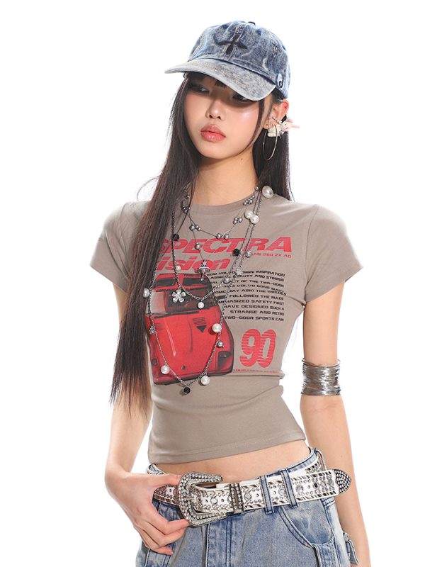 American Vintage Car Print Women's Summer Slim Fit Short Sleeve T-Shirt - High Elastic, Comfortable, Retro Style