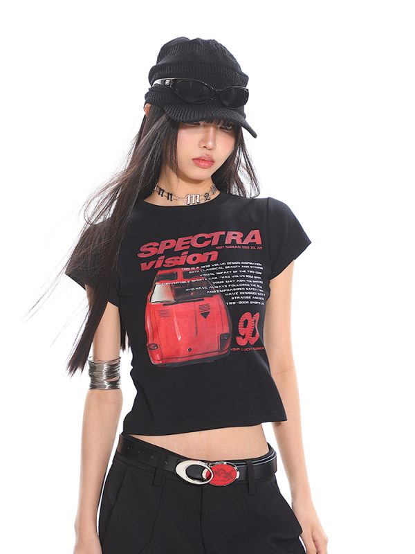 American Vintage Car Print Women's Summer Slim Fit Short Sleeve T-Shirt - High Elastic, Comfortable, Retro Style