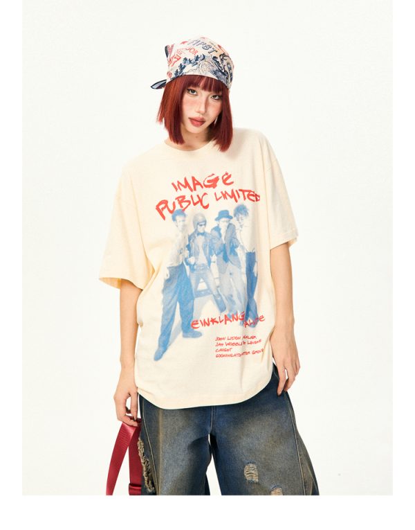 American Vintage Character Print Short Sleeve T-Shirt for Women - Casual Loose Summer Top, Retro 90s Style