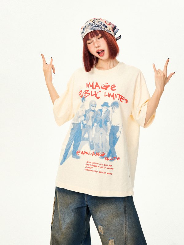 American Vintage Character Print Short Sleeve T-Shirt for Women - Casual Loose Summer Top, Retro 90s Style
