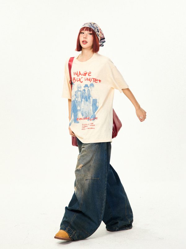 American Vintage Character Print Short Sleeve T-Shirt for Women - Casual Loose Summer Top, Retro 90s Style