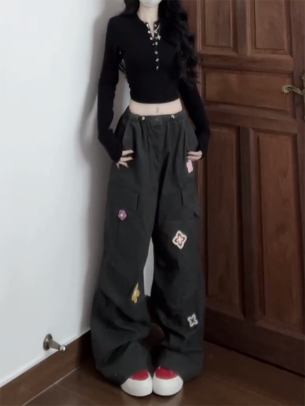 American Vintage Embroidered Cargo Pants for Women - Military Green, Loose-Fitting Straight-Leg Wide-Leg for Street Dance & Jazz Dance