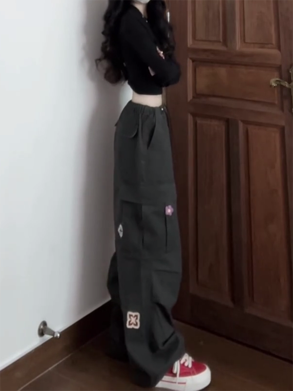 American Vintage Embroidered Cargo Pants for Women - Military Green, Loose-Fitting Straight-Leg Wide-Leg for Street Dance & Jazz Dance