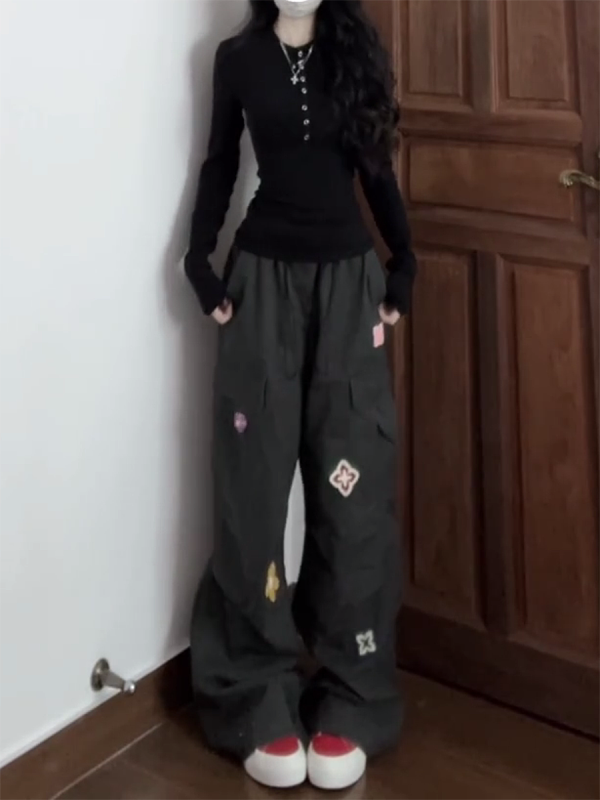 American Vintage Embroidered Cargo Pants for Women - Military Green, Loose-Fitting Straight-Leg Wide-Leg for Street Dance & Jazz Dance