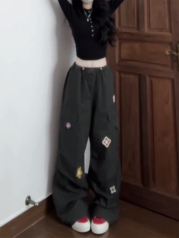 American Vintage Embroidered Cargo Pants for Women - Military Green, Loose-Fitting Straight-Leg Wide-Leg for Street Dance & Jazz Dance