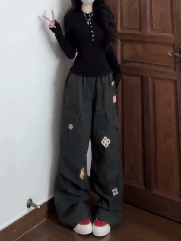 American Vintage Embroidered Cargo Pants for Women - Military Green, Loose-Fitting Straight-Leg Wide-Leg for Street Dance & Jazz Dance