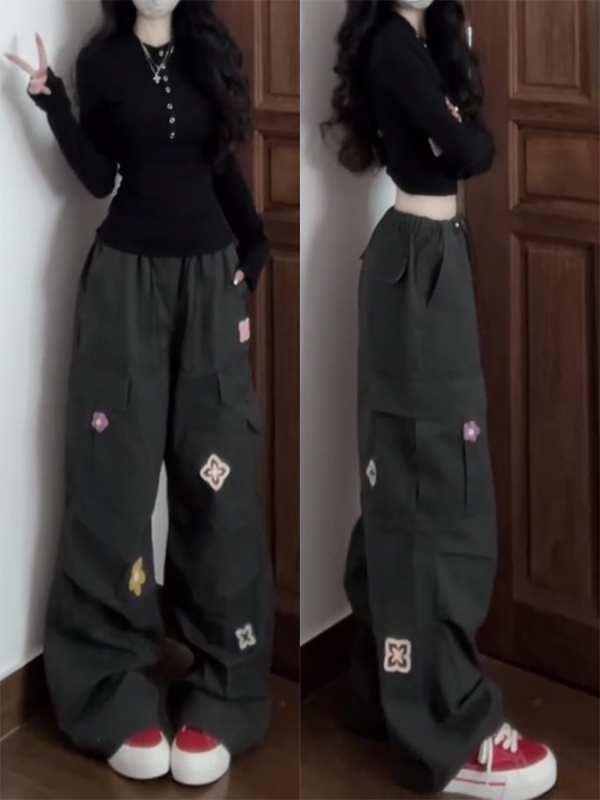 American Vintage Embroidered Cargo Pants for Women - Military Green, Loose-Fitting Straight-Leg Wide-Leg for Street Dance & Jazz Dance