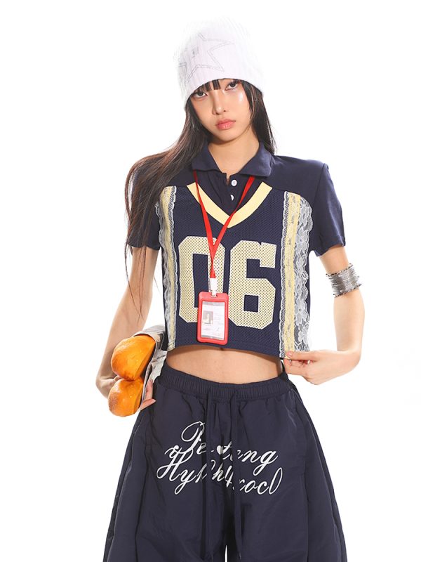 American Vintage Lace Digital Polo Collar Top - Women's Summer Short Sleeve Casual Sports T-Shirt