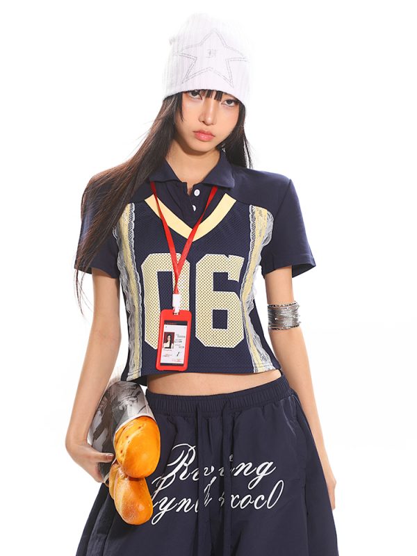 American Vintage Lace Digital Polo Collar Top - Women's Summer Short Sleeve Casual Sports T-Shirt
