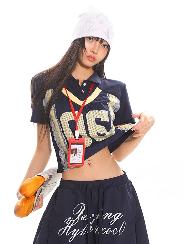 American Vintage Lace Digital Polo Collar Top - Women's Summer Short Sleeve Casual Sports T-Shirt
