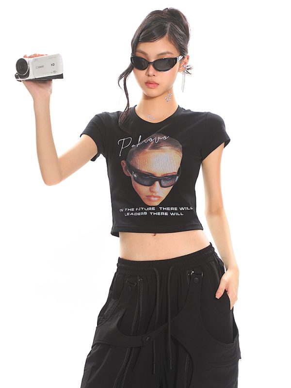 American Vintage Portrait Print Short Sleeve T-Shirt for Women - Slim Fit Summer Top, Y2K Style, Hot Girl Fashion