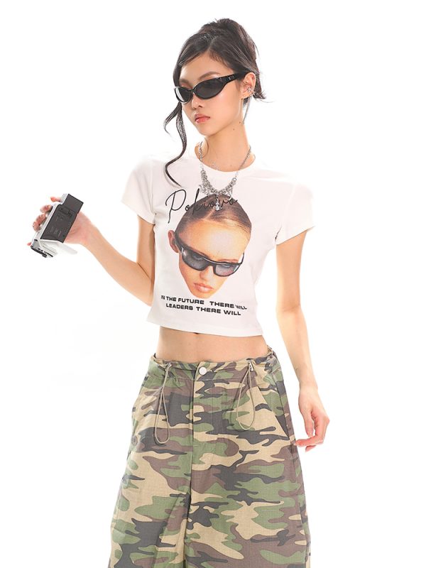 American Vintage Portrait Print Short Sleeve T-Shirt for Women - Slim Fit Summer Top, Y2K Style, Hot Girl Fashion
