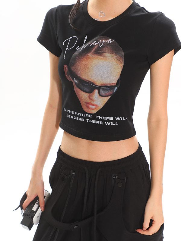 American Vintage Portrait Print Short Sleeve T-Shirt for Women - Slim Fit Summer Top, Y2K Style, Hot Girl Fashion