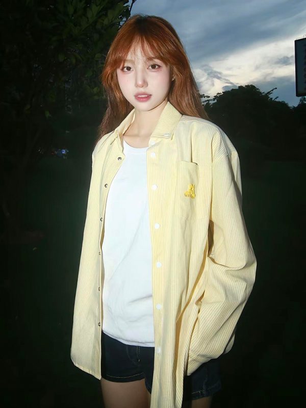 American Vintage Striped Long Sleeve Shirt with Dog Embroidery, Spring Style Loose Top, Casual 90s Inspired Jacket