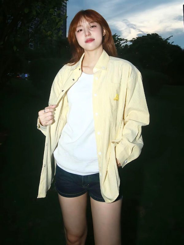American Vintage Striped Long Sleeve Shirt with Dog Embroidery, Spring Style Loose Top, Casual 90s Inspired Jacket