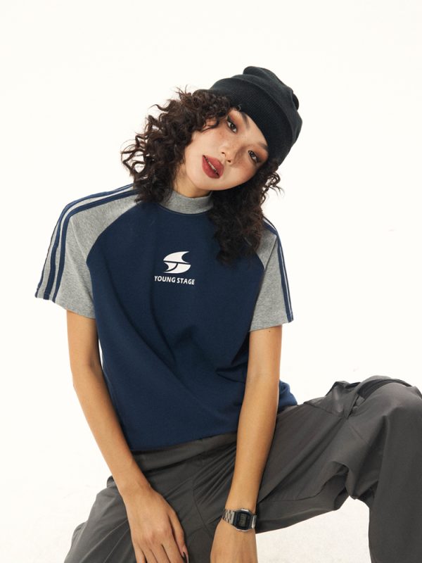 American Vintage Style Short Sleeve T-Shirt for Women, Summer Raglan Slim Fit Top, Y2K Inspired Fashion