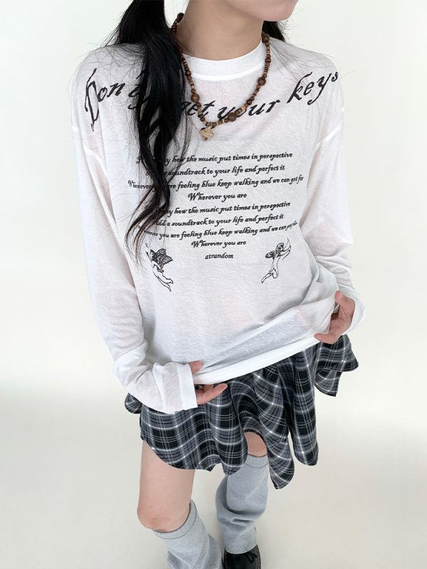 Angel Print Sheer Cover-Up Top - Lightweight Long Sleeve, Loose Fit, Early Autumn Fashion, Perfect for Layering, Trendy Casual Style