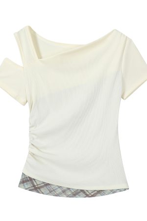 Apricot Faux Two-Piece Off-Shoulder Short Sleeve T-Shirt for Women - Summer Slim Waist Irregular Top, Y2K Style Fashion