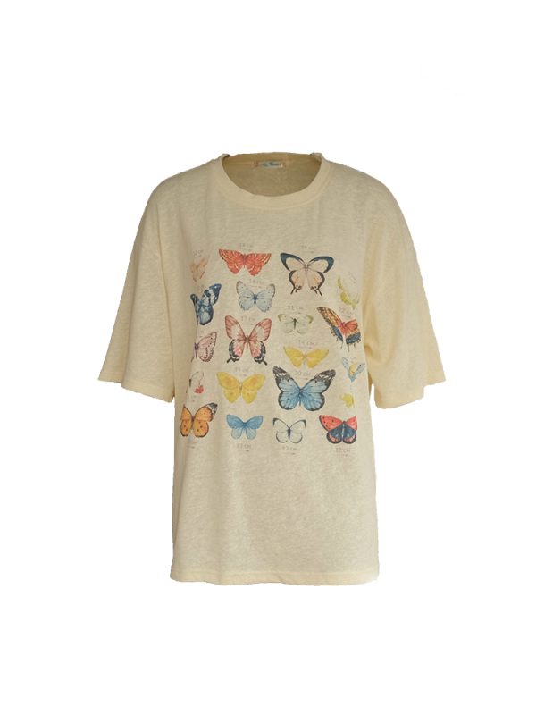 Apricot Yellow Butterfly Print Short Sleeve T-Shirt for Women - Vintage Style Summer Loose Round Neck Top
