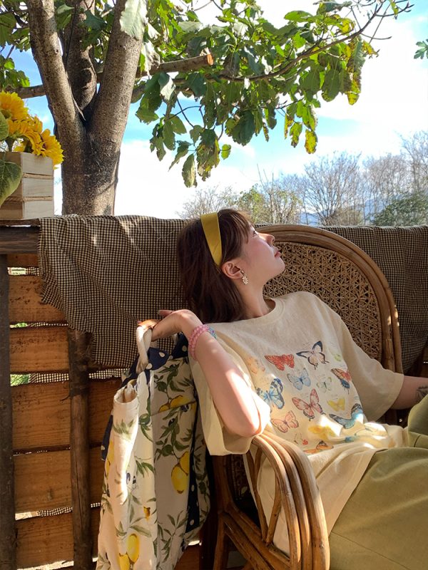 Apricot Yellow Butterfly Print Short Sleeve T-Shirt for Women - Vintage Style Summer Loose Round Neck Top