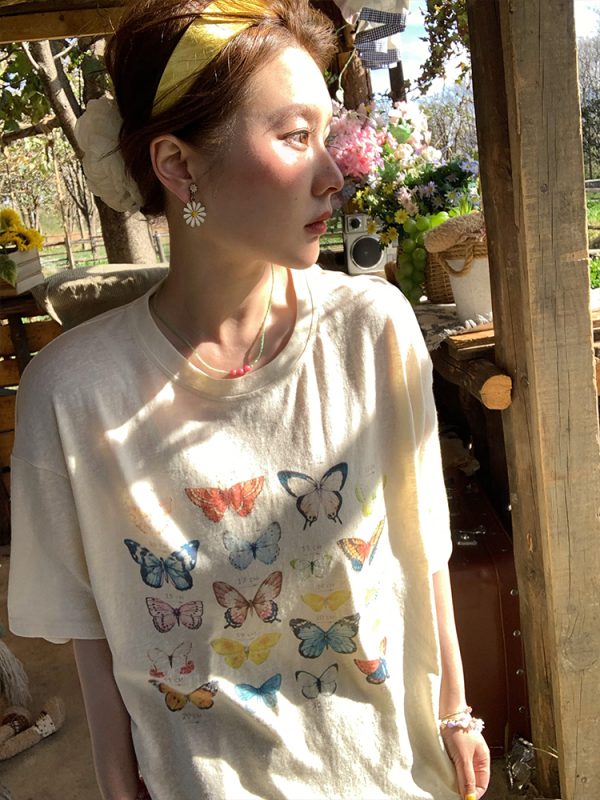 Apricot Yellow Butterfly Print Short Sleeve T-Shirt for Women - Vintage Style Summer Loose Round Neck Top