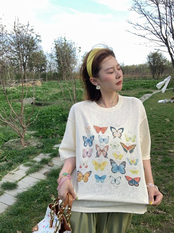 Apricot Yellow Butterfly Print Short Sleeve T-Shirt for Women - Vintage Style Summer Loose Round Neck Top