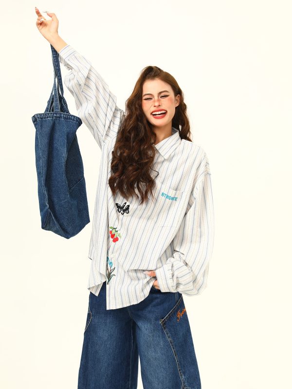 Artistic Embroidered Striped Long Sleeve Shirt for Women - Retro Loose Fit Blouse, Versatile Autumn Fashion