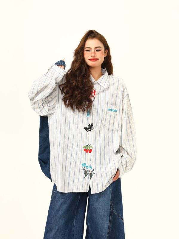 Artistic Embroidered Striped Long Sleeve Shirt for Women - Retro Loose Fit Blouse, Versatile Autumn Fashion