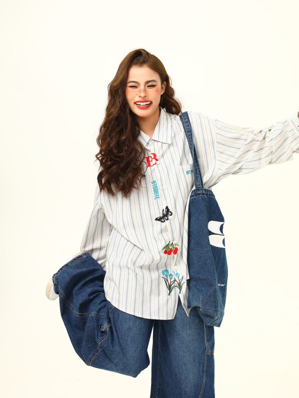 Artistic Embroidered Striped Long Sleeve Shirt for Women - Retro Loose Fit Blouse, Versatile Autumn Fashion