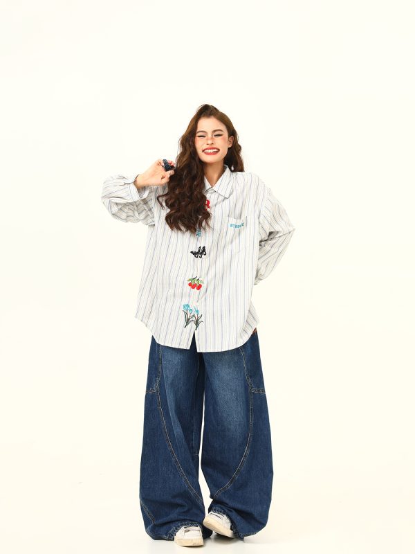 Artistic Embroidered Striped Long Sleeve Shirt for Women - Retro Loose Fit Blouse, Versatile Autumn Fashion