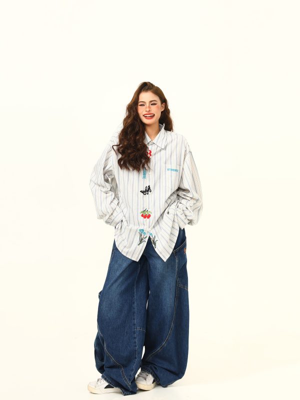 Artistic Embroidered Striped Long Sleeve Shirt for Women - Retro Loose Fit Blouse, Versatile Autumn Fashion