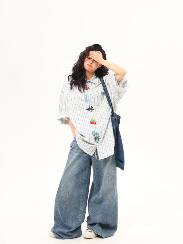 Artistic Embroidered Striped Short Sleeve Shirt for Women - Retro American Style Summer Blouse