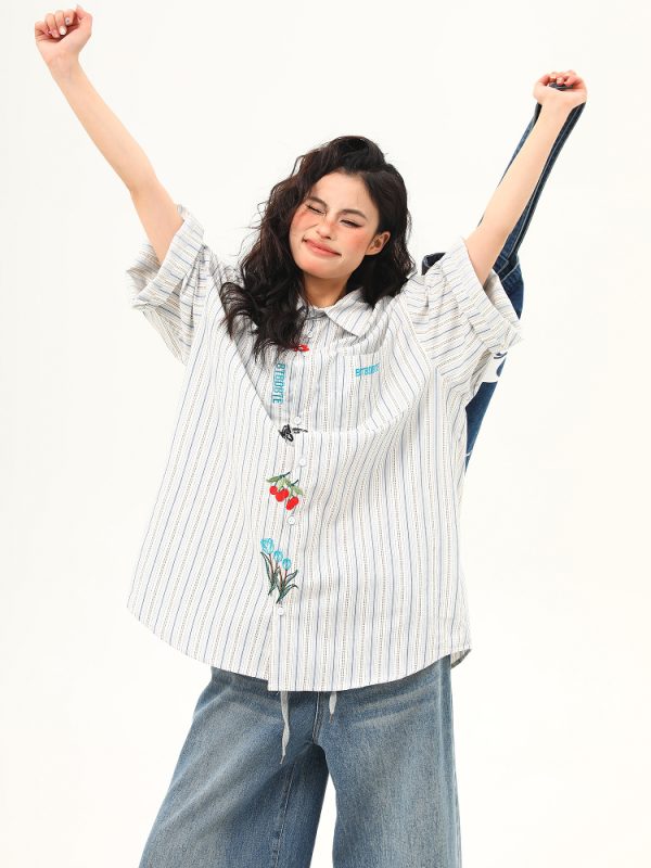Artistic Embroidered Striped Short Sleeve Shirt for Women - Retro American Style Summer Blouse
