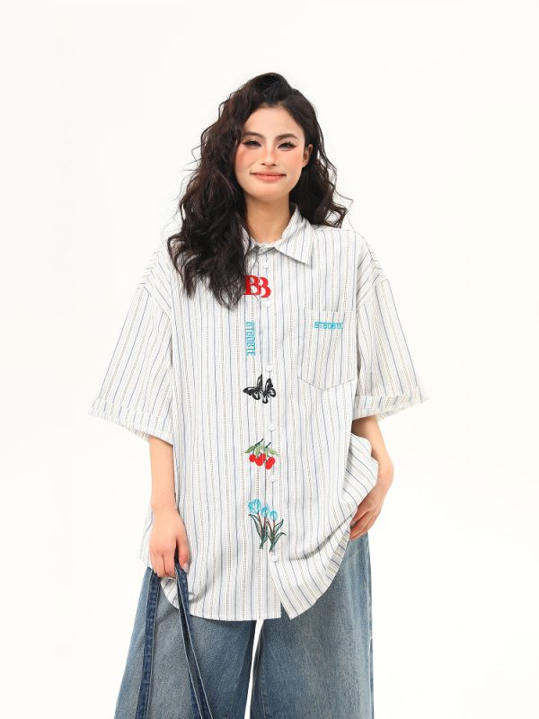 Artistic Embroidered Striped Short Sleeve Shirt for Women - Retro American Style Summer Blouse