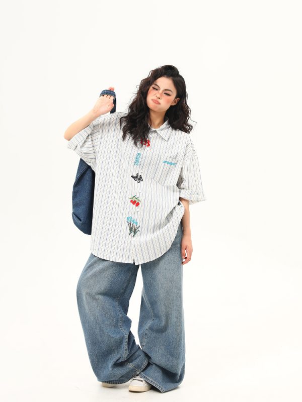 Artistic Embroidered Striped Short Sleeve Shirt for Women - Retro American Style Summer Blouse
