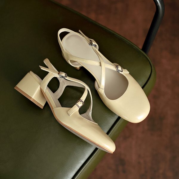 Artistic Genuine Leather Mary Jane Sandals for Women - Sweet Cross Strap, Square Toe, Chunky Heel, Perfect for 90s and Y2K Style