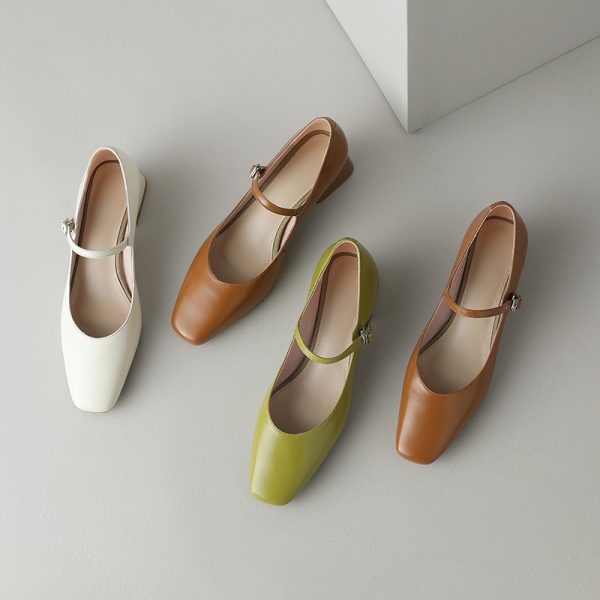 Artistic Genuine Leather Mary Jane Shoes for Women - Square Toe, Medium Heeled, French Style, Perfect for Commuting