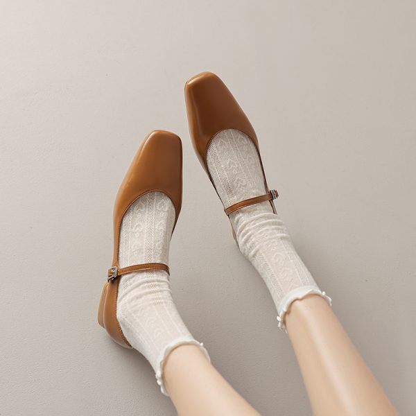 Artistic Genuine Leather Mary Jane Shoes for Women - Square Toe, Medium Heeled, French Style, Perfect for Commuting